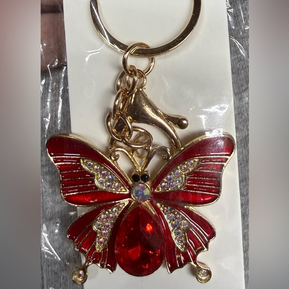 NWT Elegant Red Butterfly Bag Charm / Keychain with Rhinestone Accents